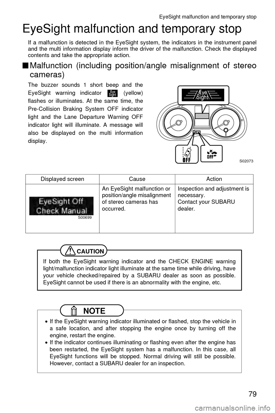 SUBARU CROSSTREK 2016 1.G Driving Assist Manual EyeSight malfunction and temporary stop
79
EyeSight malfunction and temporary stop
If a malfunction is detected in the EyeSight system, the indicators in the instrument panel
and the multi information