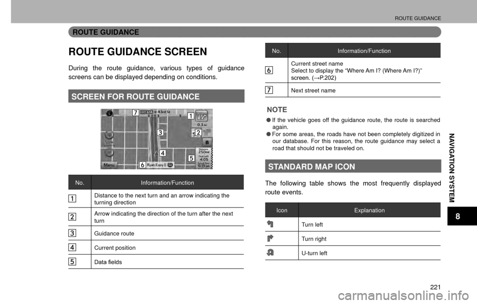 SUBARU CROSSTREK 2016 1.G Navigation Manual ROUTE GUIDANCE
221
NAVIGATION SYSTEM
8
ROUTE GUIDANCE
ROUTE GUIDANCE SCREEN
During the route guidance, various types of guidance 
screens can be displayed depending on conditions.
SCREEN FOR ROUTE GUI