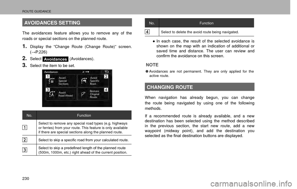 SUBARU CROSSTREK 2016 1.G Navigation Manual ROUTE GUIDANCE
230
AVOIDANCES SETTING
The avoidances feature allows you to remove any of the 
roads or special sections on the planned route.
1.Display the “Change Route (Change Route)” screen. 
�