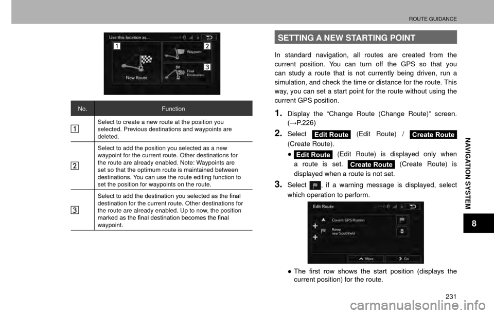 SUBARU CROSSTREK 2016 1.G Navigation Manual ROUTE GUIDANCE
231
NAVIGATION SYSTEM
8
No.Function
Select to create a new route at the position you 
selected. Previous destinations and waypoints are 
deleted.
Select to add the position you selected