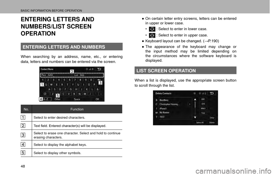 SUBARU CROSSTREK 2016 1.G Navigation Manual BASIC INFORMATION BEFORE OPERATION
48
ENTERING LETTERS AND 
NUMBERS/LIST SCREEN 
OPERATION
ENTERING LETTERS AND NUMBERS
When searching by an address, name, etc., or entering 
data, letters and numbers