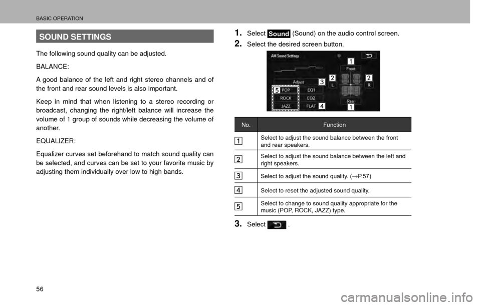 SUBARU CROSSTREK 2016 1.G Navigation Manual BASIC OPERATION
56
SOUND SETTINGS
The following sound quality can be adjusted.
BALANCE:
A good balance of the left and right stereo channels and of 
the front and rear sound levels is also important.
