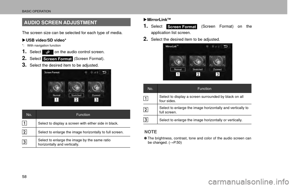 SUBARU CROSSTREK 2016 1.G Navigation Manual BASIC OPERATION
58
AUDIO SCREEN ADJUSTMENT
The screen size can be selected for each type of media.
�XUSB video/SD video*
*:  With navigation function
1.Select on the audio control screen.
2.SelectScre
