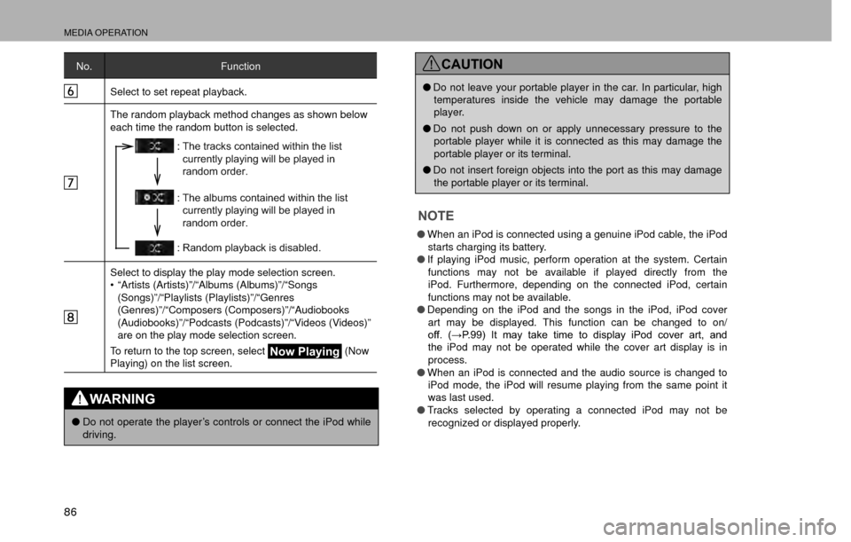 SUBARU CROSSTREK 2016 1.G Navigation Manual MEDIA OPERATION
86
No.Function
Select to set repeat playback.
The random playback method changes as shown below 
each time the random button is selected.
: The tracks contained within the list  curren