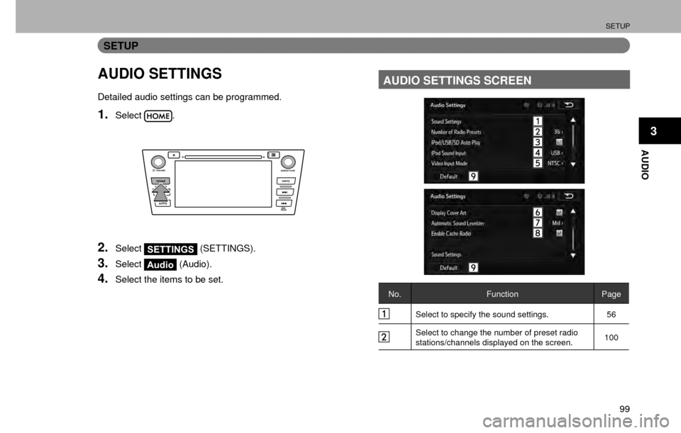 SUBARU CROSSTREK 2016 1.G Navigation Manual SETUP
99
AUDIO
3
SETUP
AUDIO SETTINGS
Detailed audio settings can be programmed.
1.Select.
2.SelectSETTINGS (SETTINGS).
3.SelectAudio (Audio).
4.Select the items to be set.
AUDIO SETTINGS SCREEN
No.
F