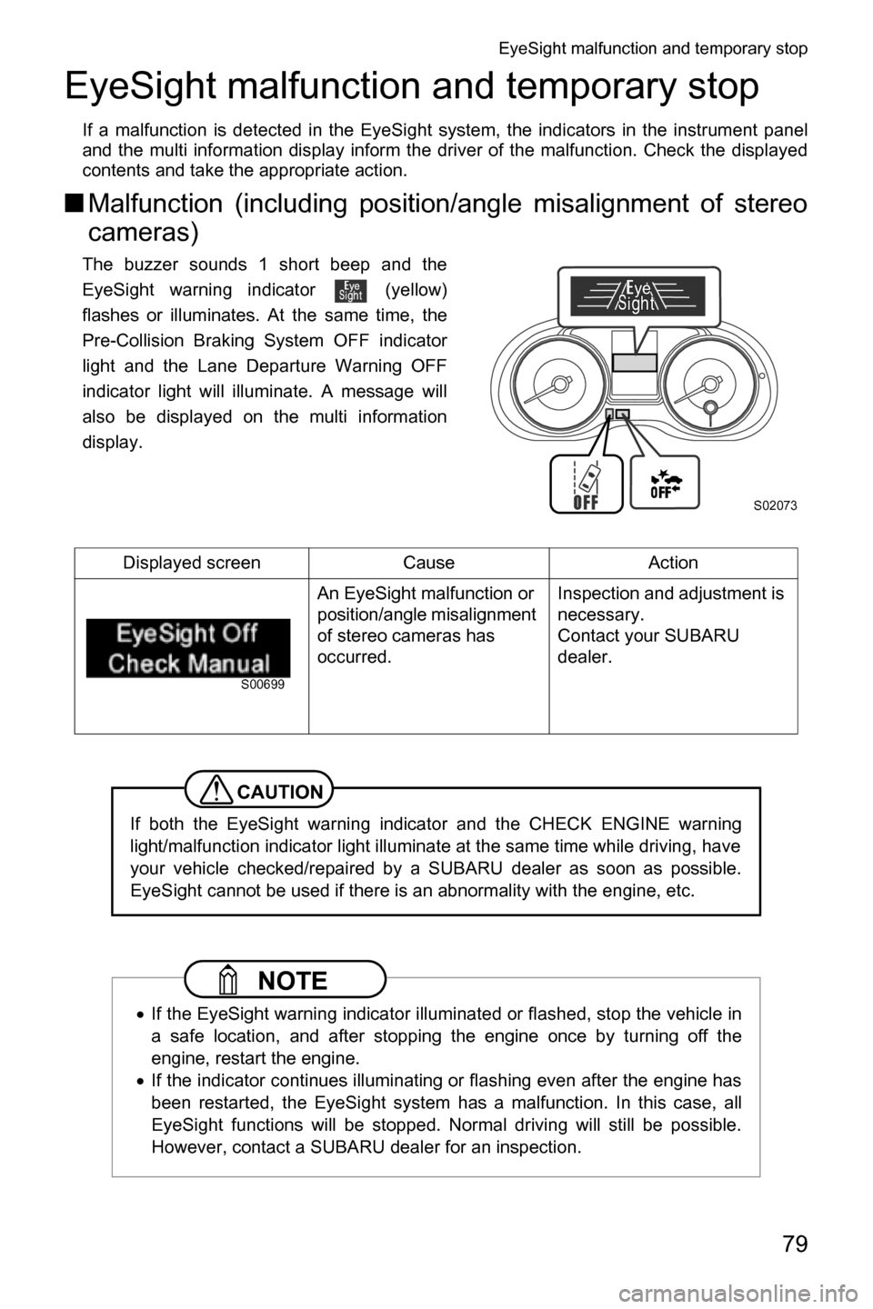 SUBARU CROSSTREK 2017 1.G Driving Assist Manual EyeSight malfunction and temporary stop
79
EyeSight malfunction and temporary stop
If a malfunction is detected in the EyeSight system, the indicators in the instrument panel
and the multi information SUBARU CROSSTREK 2017 1.G Driving Assist Manual EyeSight malfunction and temporary stop
79
EyeSight malfunction and temporary stop
If a malfunction is detected in the EyeSight system, the indicators in the instrument panel
and the multi information