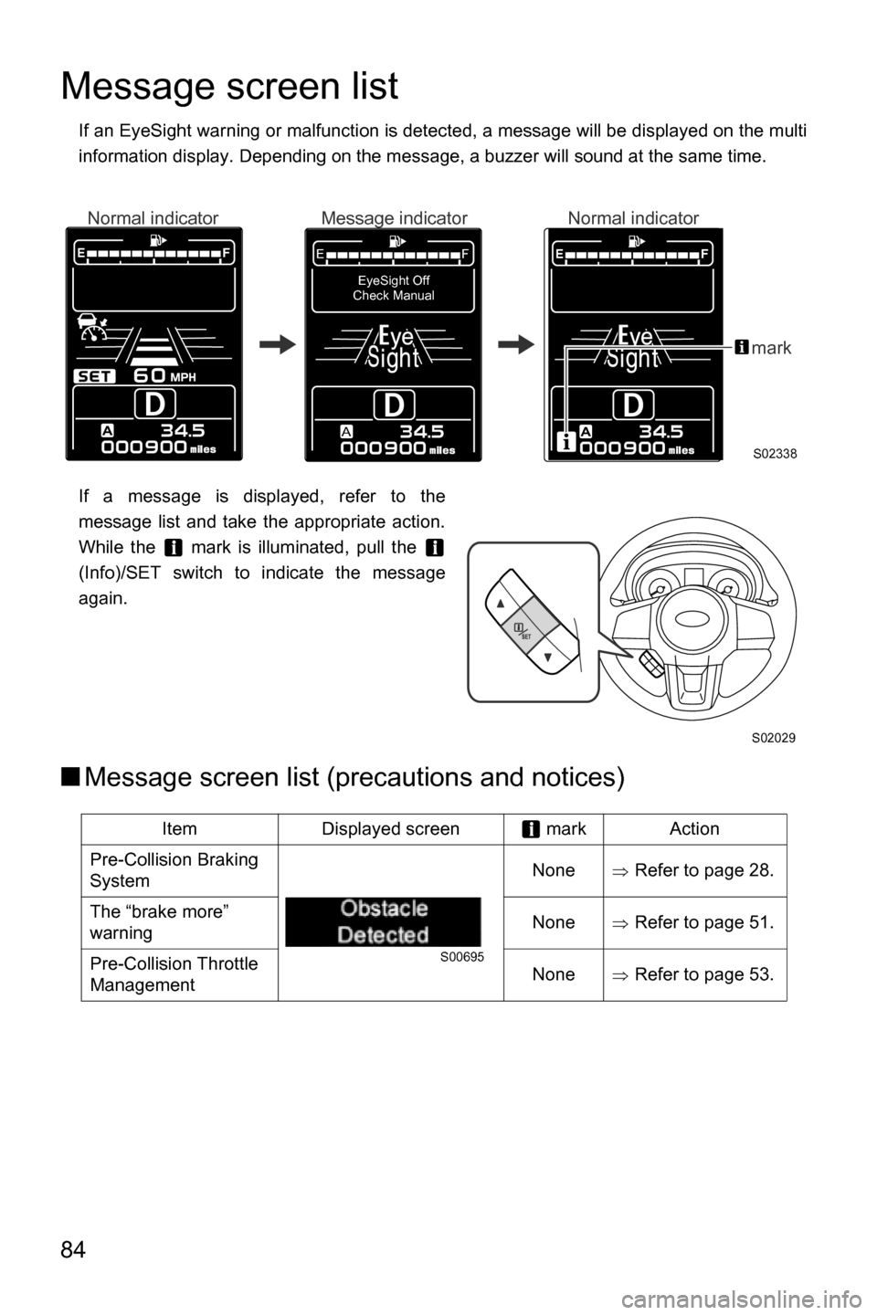 SUBARU CROSSTREK 2017 1.G Driving Assist Manual 84
Message screen list
If an EyeSight warning or malfunction is detected, a message will be displayed on the multi
information display. Depending on the message, a buzzer will sound at the same time.
