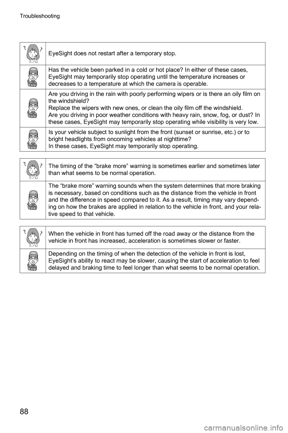 SUBARU CROSSTREK 2017 1.G Driving Assist Manual Troubleshooting
88
EyeSight does not restart after a temporary stop.
Has the vehicle been parked in a cold or hot place? In either of these cases, 
EyeSight may temporarily stop operating until the te