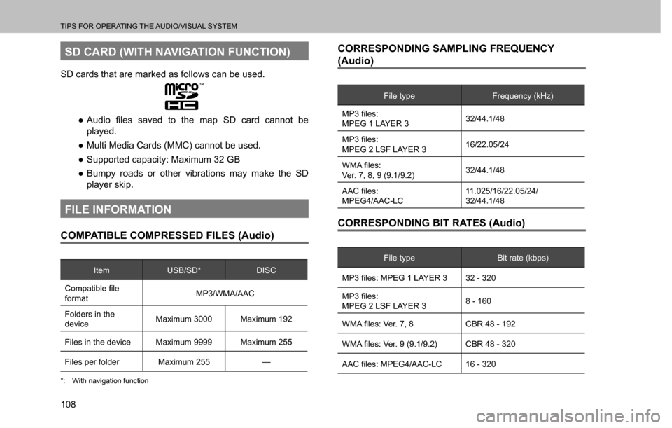 SUBARU CROSSTREK 2017 1.G Multimedia System Manual TIPS FOR OPERATING THE AUDIO/VISUAL SYSTEM
108
SD CARD (WITH NAVIGATION FUNCTION)
SD cards that are marked as follows can be used.
  