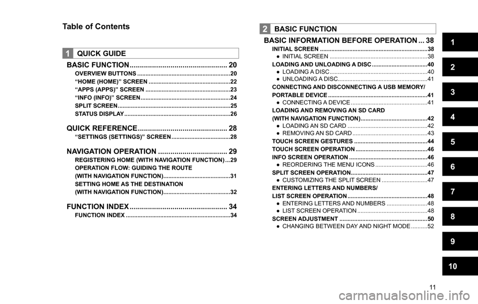 SUBARU CROSSTREK 2017 1.G Multimedia System Manual 1
2
3
4
5
6
7
8
9
10
11
Table of Contents
1QUICK GUIDE
BASIC FUNCTION ................................................ 20
OVERVIEW BUTTONS .........................................................20
