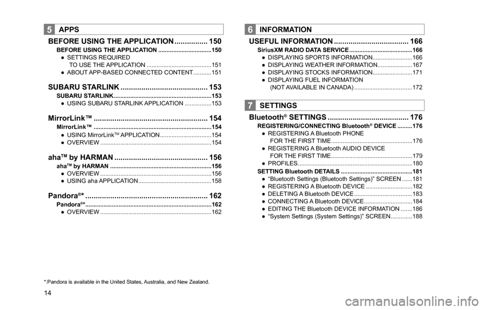 SUBARU CROSSTREK 2017 1.G Multimedia System Manual 14
5APPS
BEFORE USING THE APPLICATION ................ 150
BEFORE USING THE APPLICATION ................................150
”SETTINGS REQUIRED
TO USE THE APPLICATION ...............................