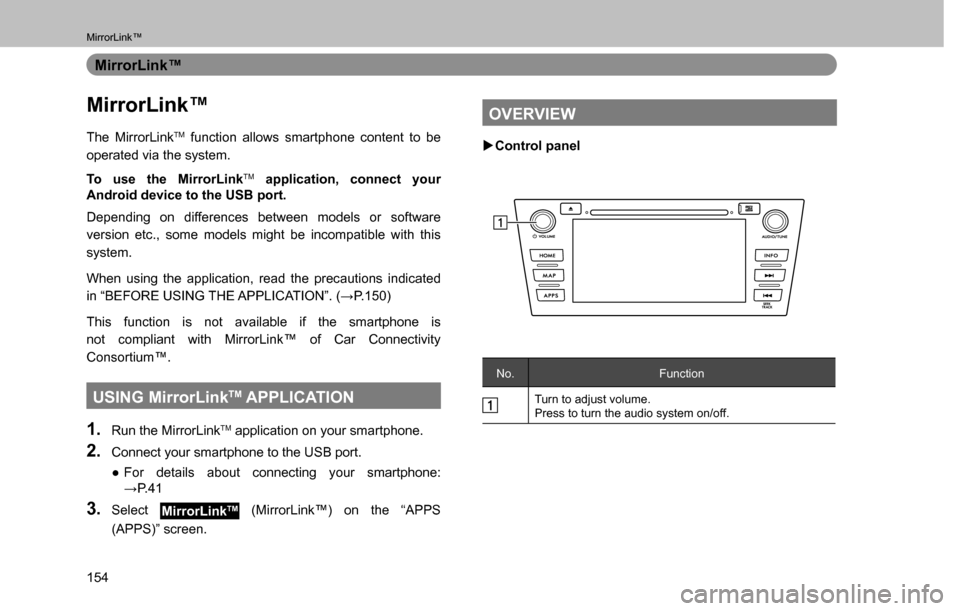 SUBARU CROSSTREK 2017 1.G Multimedia System Manual MirrorLink™
154
MirrorLink™
MirrorLink™
The MirrorLinkTM function allows smartphone content to be 
operated via the system.
To use the MirrorLink
TM application, connect your 
Android device to 