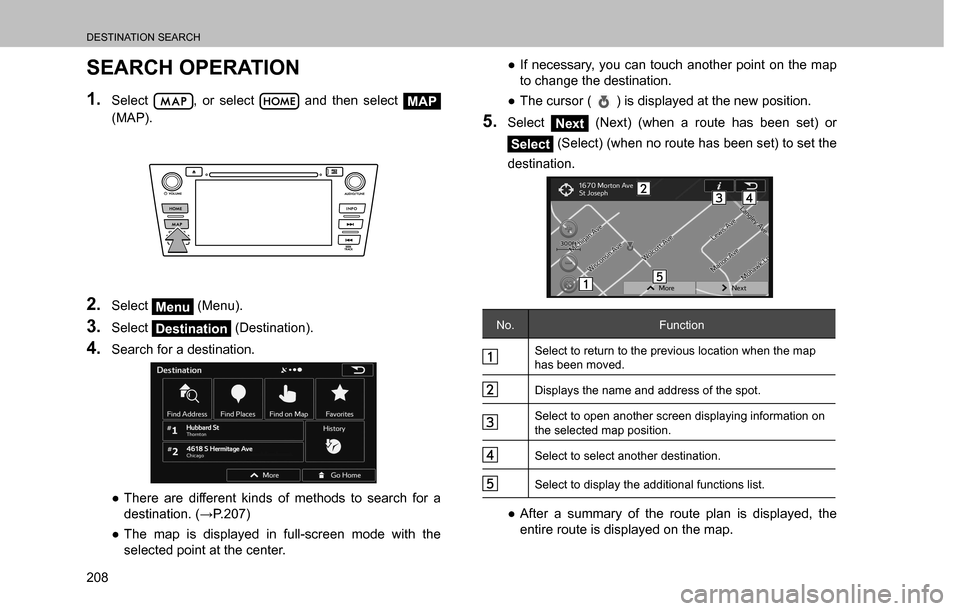 SUBARU CROSSTREK 2017 1.G Multimedia System Manual DESTINATION SEARCH
208
SEARCH OPERATION
1. Select , or select  and then select MAP 
(MAP).
2. Select Menu (Menu).
3. Select Destination (Destination).
4. Search for a destination.
  ”There are diff