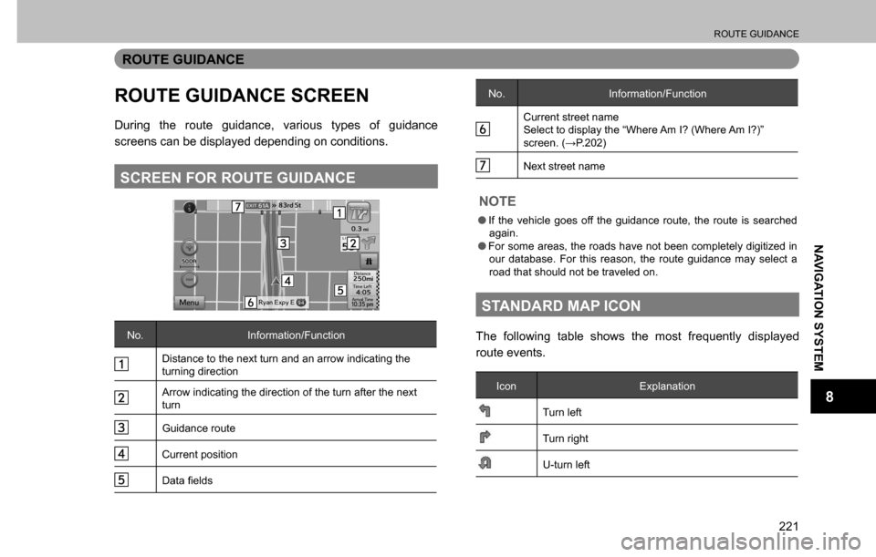 SUBARU CROSSTREK 2017 1.G Multimedia System Manual ROUTE GUIDANCE
221
NAVIGATION SYSTEM
8
ROUTE GUIDANCE
ROUTE GUIDANCE SCREEN
During the route guidance, various types of guidance 
screens can be displayed depending on conditions.
SCREEN FOR ROUTE GUI