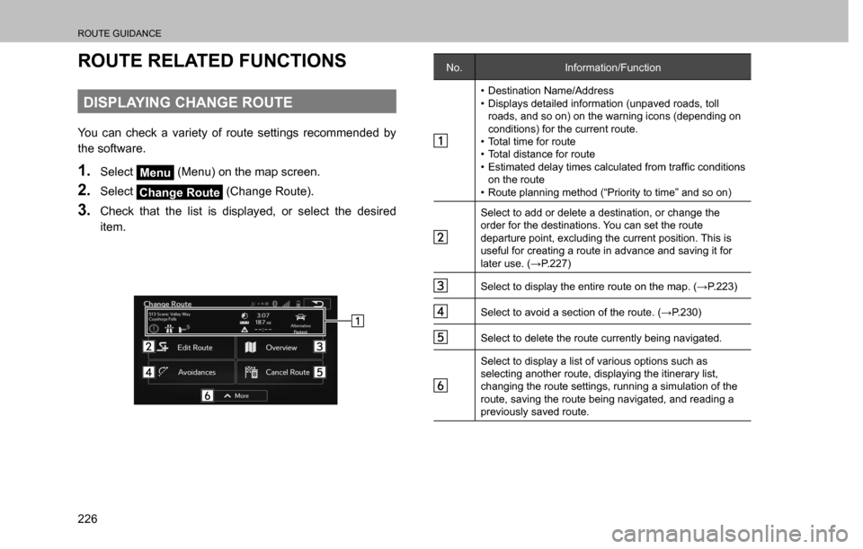 SUBARU CROSSTREK 2017 1.G Multimedia System Manual ROUTE GUIDANCE
226
ROUTE RELATED FUNCTIONS
DISPLAYING CHANGE ROUTE
You can check a variety of route settings recommended by 
the software.
1. Select Menu (Menu) on the map screen.
2. Select Change Rou