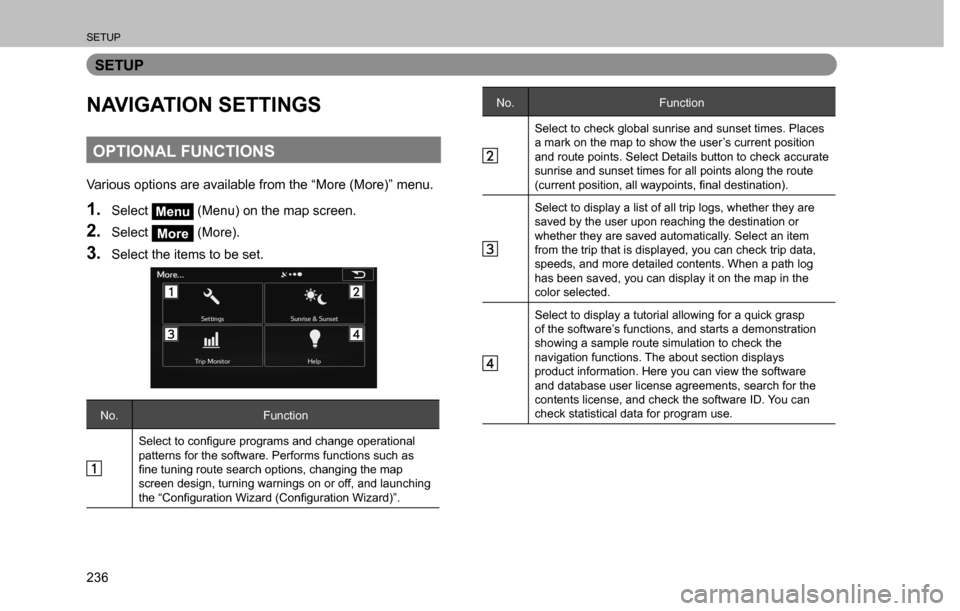 SUBARU CROSSTREK 2017 1.G Multimedia System Manual SETUP
236
SETUP
NAVIGATION SETTINGS
OPTIONAL FUNCTIONS
Various options are available from the “More (More)” menu.
1. Select Menu (Menu) on the map screen.
2. Select More (More).
3. Select the item