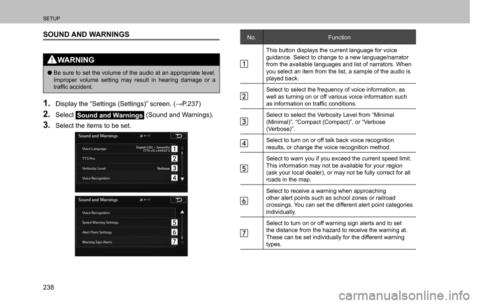 SUBARU CROSSTREK 2017 1.G Multimedia System Manual SETUP
238
SOUND AND WARNINGS
WARNING
  �OBe sure to set the volume of the audio at an appropriate level. 
Improper volume setting may result in hearing damage or a 
�W�U�D�I�¿�F��D�F�F�L�G�H�Q�W�
1