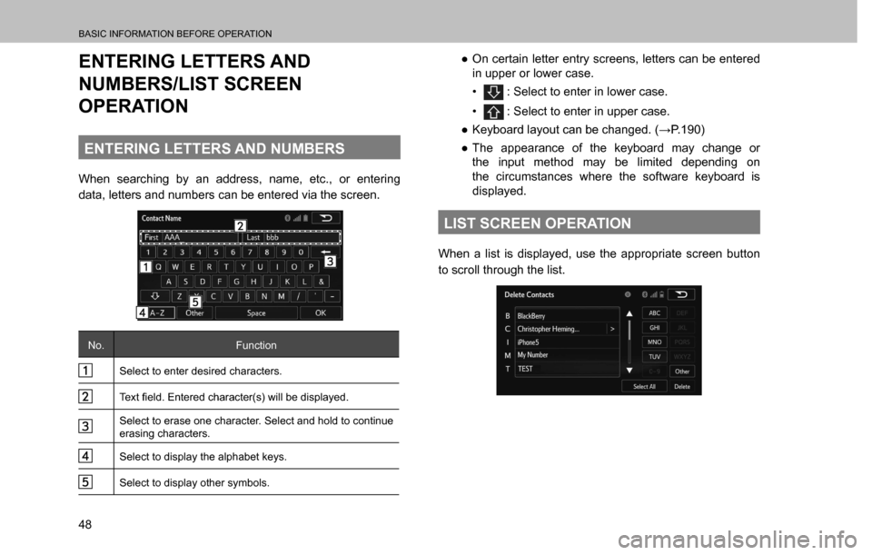 SUBARU CROSSTREK 2017 1.G Multimedia System Manual BASIC INFORMATION BEFORE OPERATION
48
ENTERING LETTERS AND 
NUMBERS/LIST SCREEN 
OPERATION
ENTERING LETTERS AND NUMBERS
When searching by an address, name, etc., or entering 
data, letters and numbers