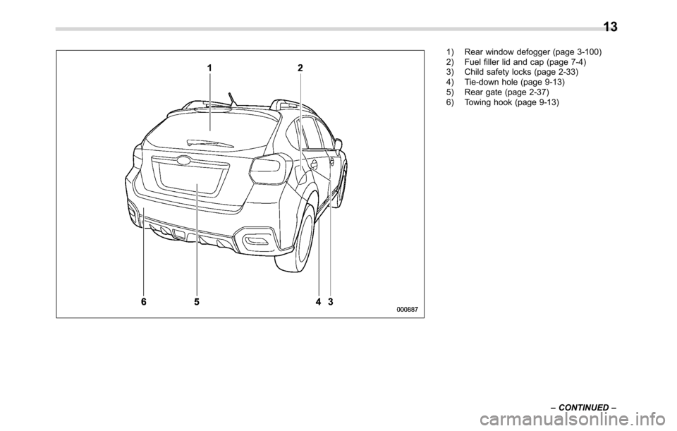 SUBARU CROSSTREK 2017 1.G User Guide 1) Rear window defogger (page 3-100)
2) Fuel filler lid and cap (page 7-4)
3) Child safety locks (page 2-33)
4) Tie-down hole (page 9-13)
5) Rear gate (page 2-37)
6) Towing hook (page 9-13)
–CONTINU