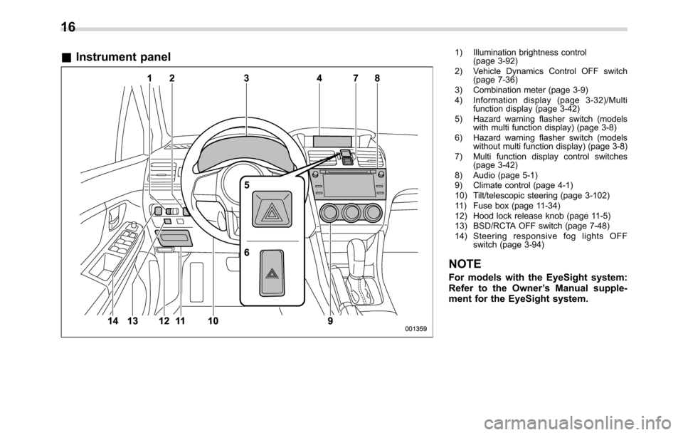 SUBARU CROSSTREK 2017 1.G Owners Manual &Instrument panel1) Illumination brightness control
(page 3-92)
2) Vehicle Dynamics Control OFF switch
(page 7-36)
3) Combination meter (page 3-9)
4) Information display (page 3-32)/Multi
function dis