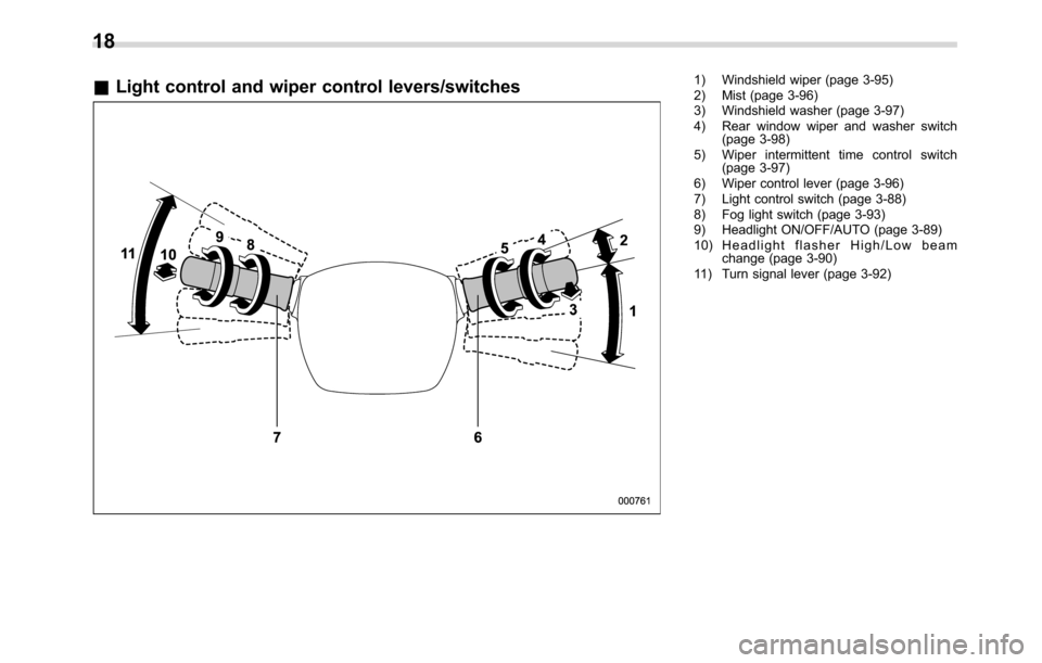 SUBARU CROSSTREK 2017 1.G Owners Manual &Light control and wiper control levers/switches1) Windshield wiper (page 3-95)
2) Mist (page 3-96)
3) Windshield washer (page 3-97)
4) Rear window wiper and washer switch
(page 3-98)
5) Wiper intermi