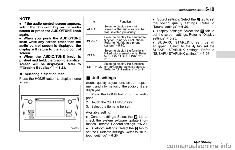 SUBARU CROSSTREK 2017 1.G Owners Manual NOTE
.If the audio control screen appears,
select the“Source”key on the audio
screen or press the AUDIO/TUNE knob
again.
.When you push the AUDIO/TUNE
knob while any screen other than the
audio co SUBARU CROSSTREK 2017 1.G Owners Manual NOTE
.If the audio control screen appears,
select the“Source”key on the audio
screen or press the AUDIO/TUNE knob
again.
.When you push the AUDIO/TUNE
knob while any screen other than the
audio co