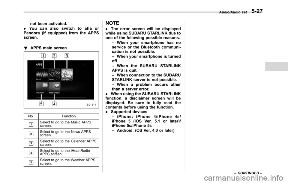 SUBARU CROSSTREK 2017 1.G Owners Manual not been activated.
.You can also switch to aha or
Pandora (if equipped) from the APPS
screen.
!APPS main screen
No. Function
&1Select to go to the Music APPS
screen.
&2Select to go to the News APPS
s