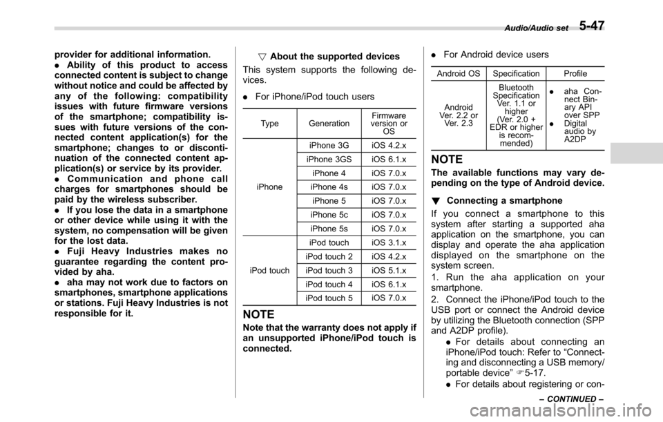 SUBARU CROSSTREK 2017 1.G User Guide provider for additional information.
.Ability of this product to access
connected content is subject to change
without notice and could be affected by
any of the following: compatibility
issues with f