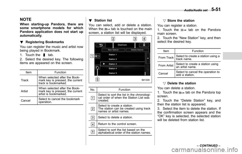 SUBARU CROSSTREK 2017 1.G Owners Manual NOTE
When starting-up Pandora, there are
some smartphone models for which
Pandora application does not start up
automatically.
!Registering Bookmarks
You can register the music and artist now
being pl SUBARU CROSSTREK 2017 1.G Owners Manual NOTE
When starting-up Pandora, there are
some smartphone models for which
Pandora application does not start up
automatically.
!Registering Bookmarks
You can register the music and artist now
being pl