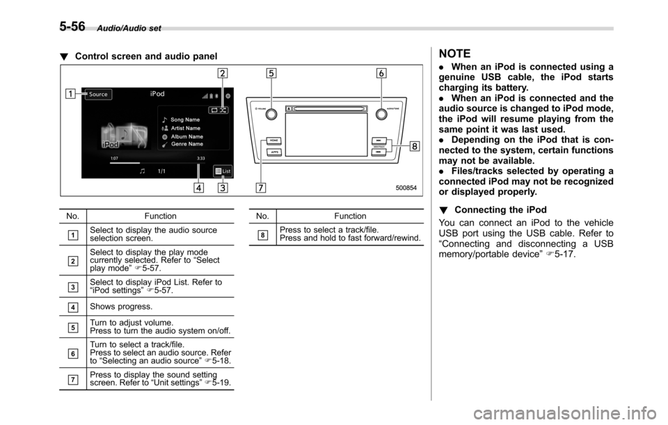 SUBARU CROSSTREK 2017 1.G Owners Manual Audio/Audio set
!Control screen and audio panel
No. Function
&1Select to display the audio source
selection screen.
&2Select to display the play mode
currently selected. Refer to“Select
play mode” SUBARU CROSSTREK 2017 1.G Owners Manual Audio/Audio set
!Control screen and audio panel
No. Function
&1Select to display the audio source
selection screen.
&2Select to display the play mode
currently selected. Refer to“Select
play mode”