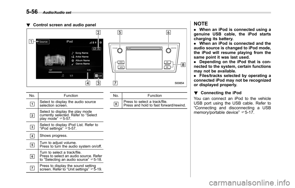 SUBARU CROSSTREK 2017 1.G Owners Manual Audio/Audio set
!Control screen and audio panel
No. Function
&1Select to display the audio source
selection screen.
&2Select to display the play mode
currently selected. Refer to“Select
play mode”