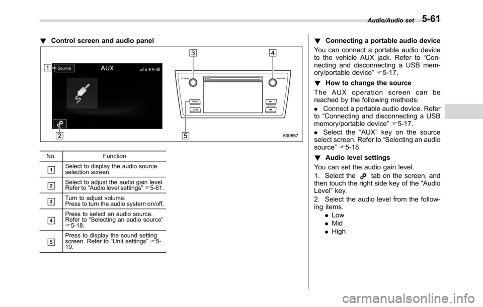 SUBARU CROSSTREK 2017 1.G Owners Manual !Control screen and audio panel
No. Function
&1Select to display the audio source
selection screen.
&2Select to adjust the audio gain level.
Refer to“Audio level settings”F5-61.
&3Turn to adjust v SUBARU CROSSTREK 2017 1.G Owners Manual !Control screen and audio panel
No. Function
&1Select to display the audio source
selection screen.
&2Select to adjust the audio gain level.
Refer to“Audio level settings”F5-61.
&3Turn to adjust v