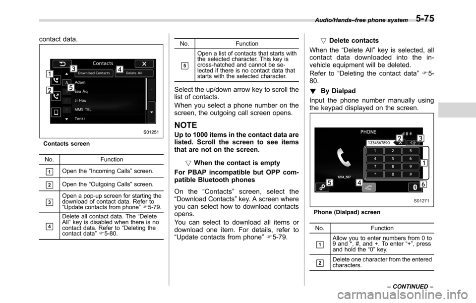 SUBARU CROSSTREK 2017 1.G Owners Manual contact data.
Contacts screen
No. Function
&1Open the“Incoming Calls”screen.
&2Open the“Outgoing Calls”screen.
&3Open a pop-up screen for starting the
download of contact data. Refer to
“Upd SUBARU CROSSTREK 2017 1.G Owners Manual contact data.
Contacts screen
No. Function
&1Open the“Incoming Calls”screen.
&2Open the“Outgoing Calls”screen.
&3Open a pop-up screen for starting the
download of contact data. Refer to
“Upd