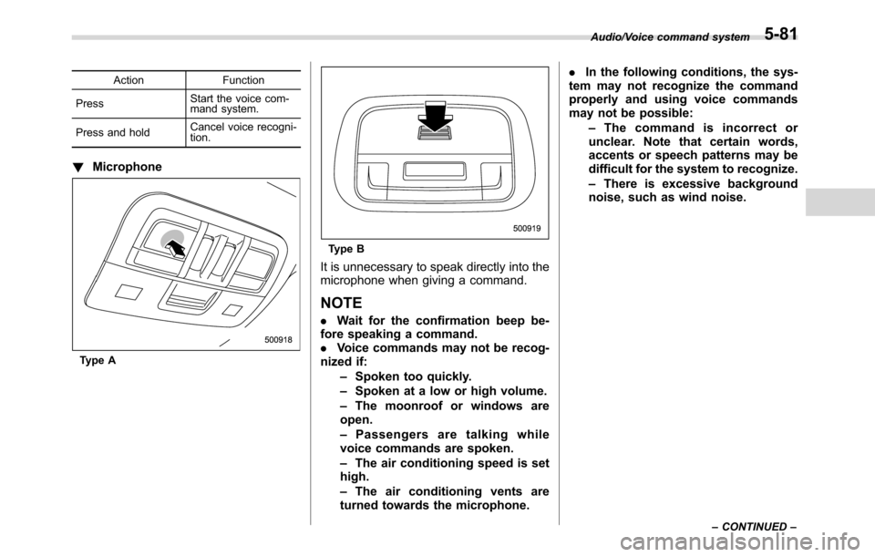 SUBARU CROSSTREK 2017 1.G Owners Manual Action Function
PressStart the voice com-
mand system.
Press and holdCancel voice recogni-
tion.
!Microphone
Type A
Type B
It is unnecessary to speak directly into the
microphone when giving a command SUBARU CROSSTREK 2017 1.G Owners Manual Action Function
PressStart the voice com-
mand system.
Press and holdCancel voice recogni-
tion.
!Microphone
Type A
Type B
It is unnecessary to speak directly into the
microphone when giving a command