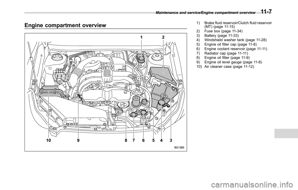 SUBARU CROSSTREK 2017 1.G Service Manual Engine compartment overview1) Brake fluid reservoir/Clutch fluid reservoir
(MT) (page 11-15)
2) Fuse box (page 11-34)
3) Battery (page 11-33)
4) Windshield washer tank (page 11-28)
5) Engine oil fille