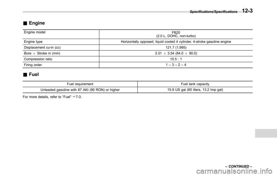 SUBARU CROSSTREK 2017 1.G Owners Manual &Engine
Engine model
FB20
(2.0 L, DOHC, non-turbo)
Engine type Horizontally opposed, liquid cooled 4 cylinder, 4-stroke gasoline engine
Displacement cu-in (cc) 121.7 (1,995)
Bore6Stroke in (mm) 3.3163