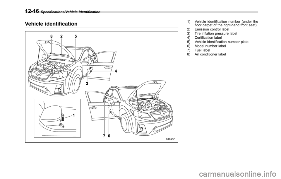 SUBARU CROSSTREK 2017 1.G Owners Manual Specifications/Vehicle identification
Vehicle identification1) Vehicle identification number (under the
floor carpet of the right-hand front seat)
2) Emission control label
3) Tire inflation pressure 