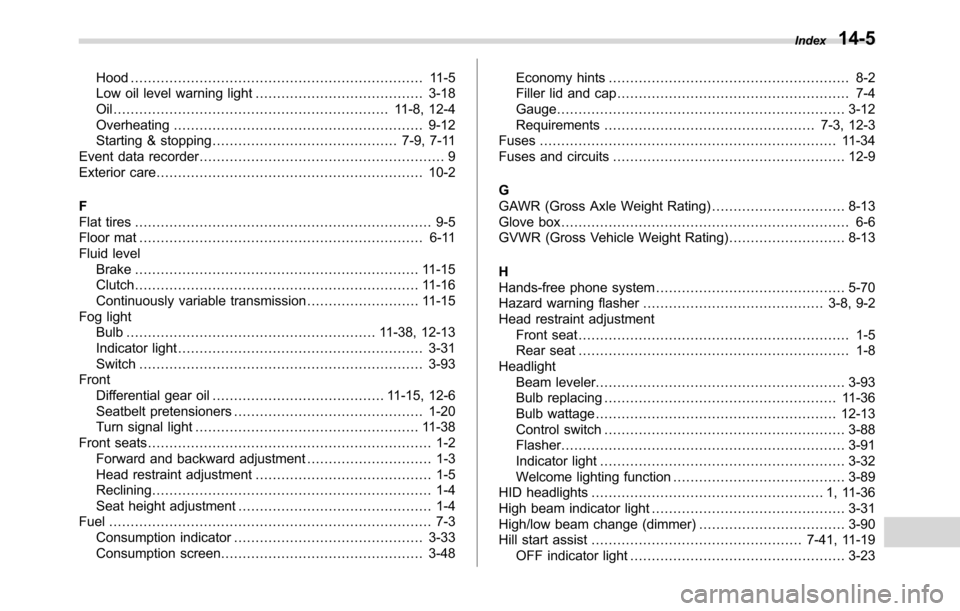 SUBARU CROSSTREK 2017 1.G Owners Manual Hood.................................................................... 11-5
Low oil level warning light....................................... 3-18
Oil...............................................