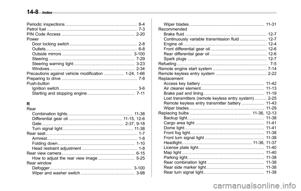 SUBARU CROSSTREK 2017 1.G Owners Manual 14-8Index
Periodic inspections..................................................... 8-4
Petrol fuel................................................................... 7-3
PIN Code Access.............. SUBARU CROSSTREK 2017 1.G Owners Manual 14-8Index
Periodic inspections..................................................... 8-4
Petrol fuel................................................................... 7-3
PIN Code Access..............