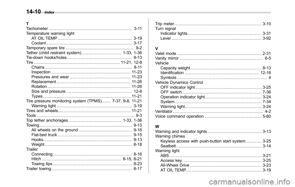 SUBARU CROSSTREK 2017 1.G Owners Manual 14-10Index
T
Tachometer............................................................... 3-11
Temperature warning light
AT OIL TEMP........................................................ 3-19
Coolant..