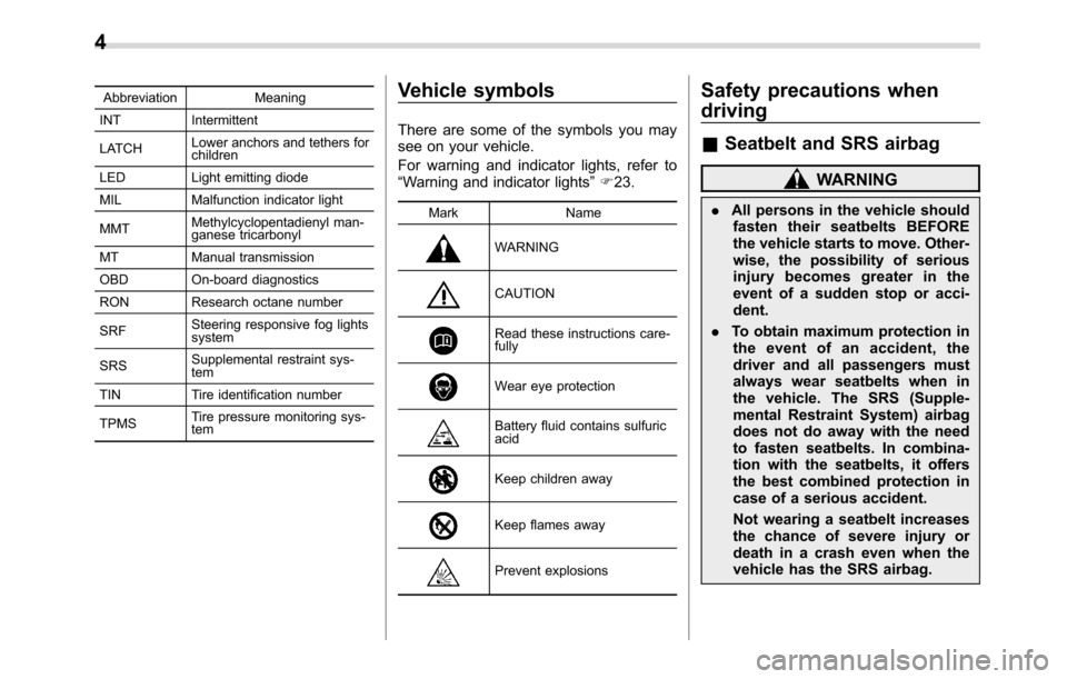 SUBARU CROSSTREK 2017 1.G Owners Manual Abbreviation Meaning
INT Intermittent
LATCHLower anchors and tethers for
children
LED Light emitting diode
MIL Malfunction indicator light
MMTMethylcyclopentadienyl man-
ganese tricarbonyl
MT Manual t