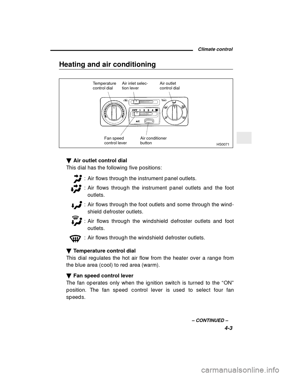 SUBARU FORESTER 2000 SF / 1.G Owners Manual  Climate control4-3
–
 CONTINUED  –
Heating and air conditioning
HS0071
Temperature 
control dialAir inlet selec- tion leverAir outlet control dial
Fan speed control leverAir conditioner button
� 