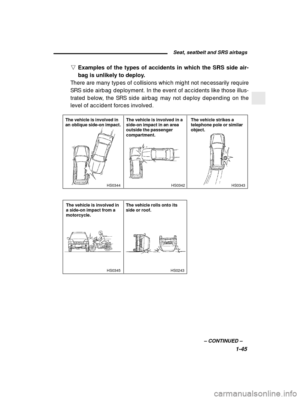 SUBARU FORESTER 2001 SF / 1.G Owners Manual  Seat, seatbelt and SRS airbags1-45
–
 CONTINUED  –
n
Examples of the types of accidents in which the SRS side air- 
bag is unlikely to deploy.
There are many typ es of c ollisions whic h mig ht n
