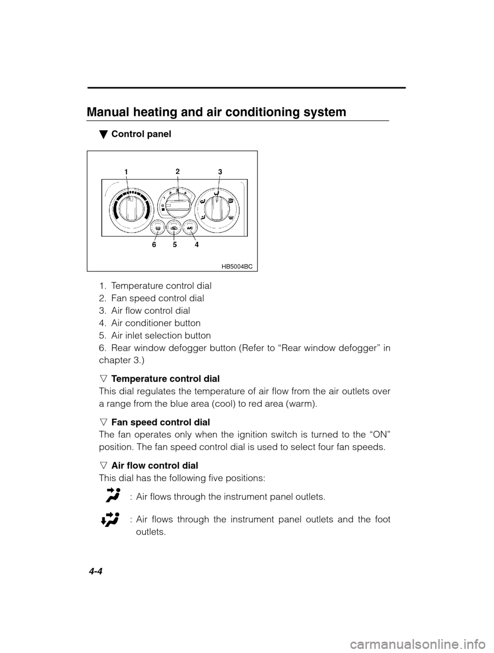 SUBARU FORESTER 2002 SG / 2.G Owners Manual 4-4
Manual heating and air conditioning system�Control panel
HB5004BC
1. Temperature control dial 
2. Fan speed control dial
3. Air flow control dial
4. Air conditioner button
5. Air inlet selection b