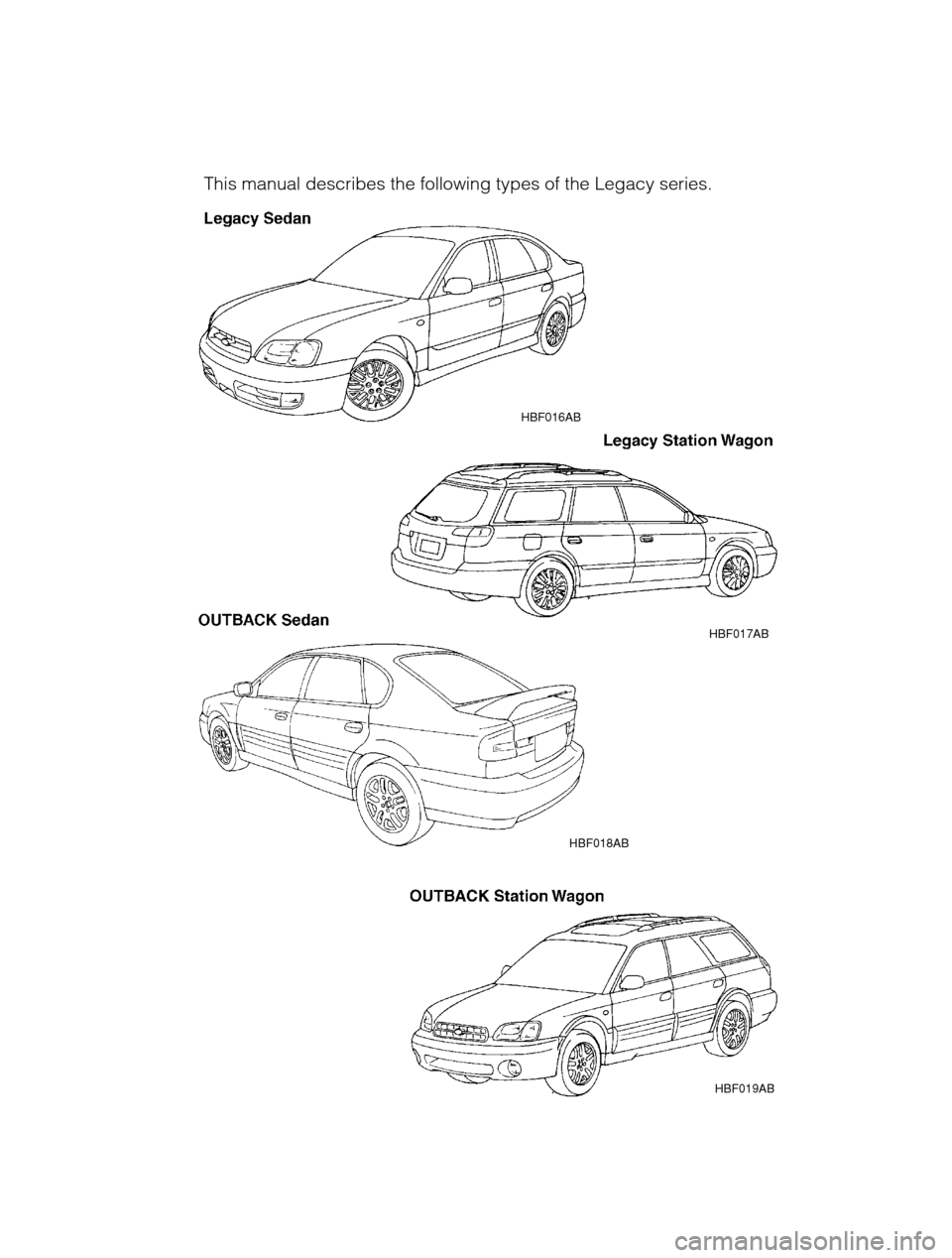 SUBARU FORESTER 2002 SG / 2.G Owners Manual HBF016ABHBF017AB
This manual describes the following types of the Legacy series.
HBF019AB
HBF018AB       