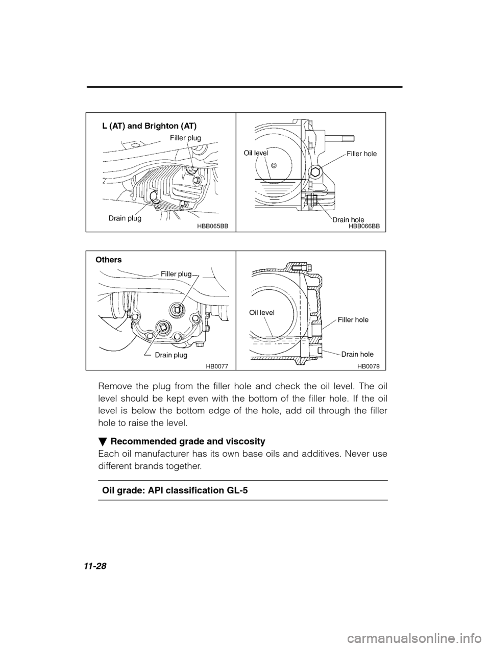 SUBARU FORESTER 2002 SG / 2.G Owners Manual 11-28
HBB066BB
HBB065BB
HB0078
HB0077
Filler plug
Drain plug Filler hole
Drain hole
Oil level
Others
Remove the plug from the filler hole and check the oil level. The oil level should be kept even wit