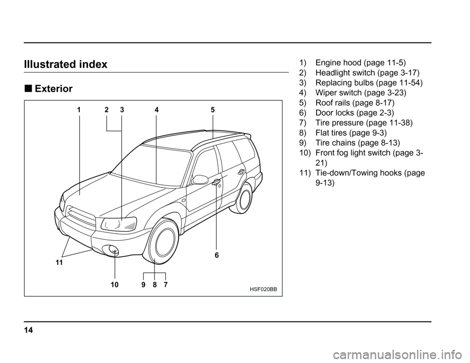 SUBARU FORESTER 2003 SG / 2.G Owners Manual 14
Illustrated index �Exterior
12 3 4 5
6
7
8
9
10
11
HSF020BB
1) Engine hood (page 11-5) 
2) Headlight switch (page 3-17) 
3) Replacing bulbs (page 11-54) 
4) Wiper switch (page 3-23) 
5) Roof rails 