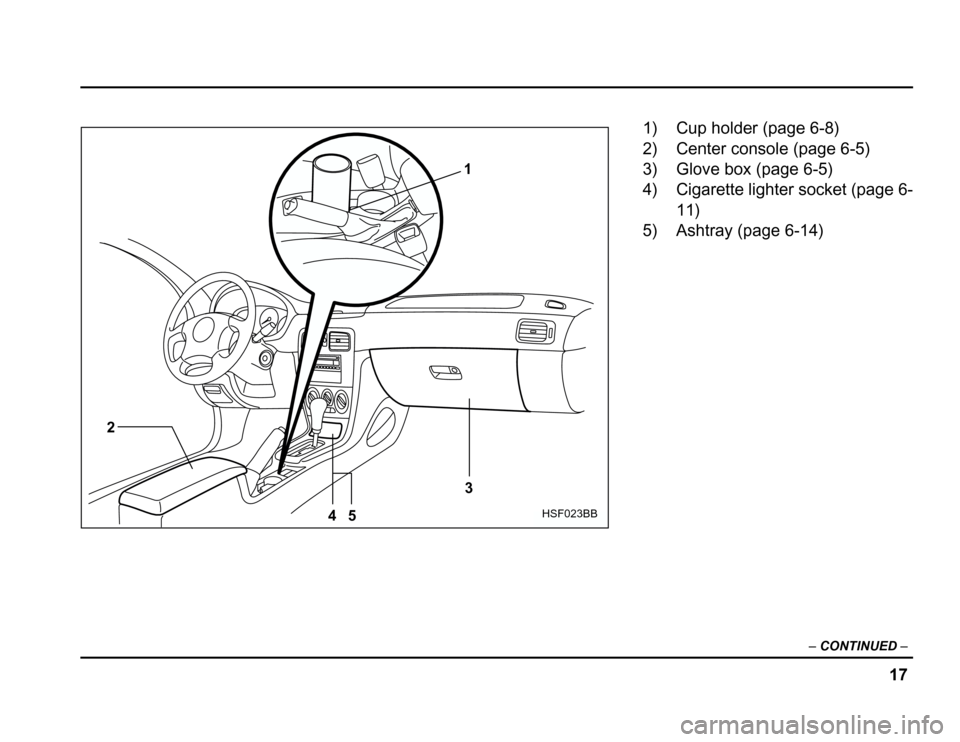SUBARU FORESTER 2003 SG / 2.G User Guide 17
–
CONTINUED –
1
2 3
45
HSF023BB
1) Cup holder (page 6-8) 
2) Center console (page 6-5) 
3) Glove box (page 6-5) 
4) Cigarette lighter socket (page 6- 11)
5) Ashtray (page 6-14) 