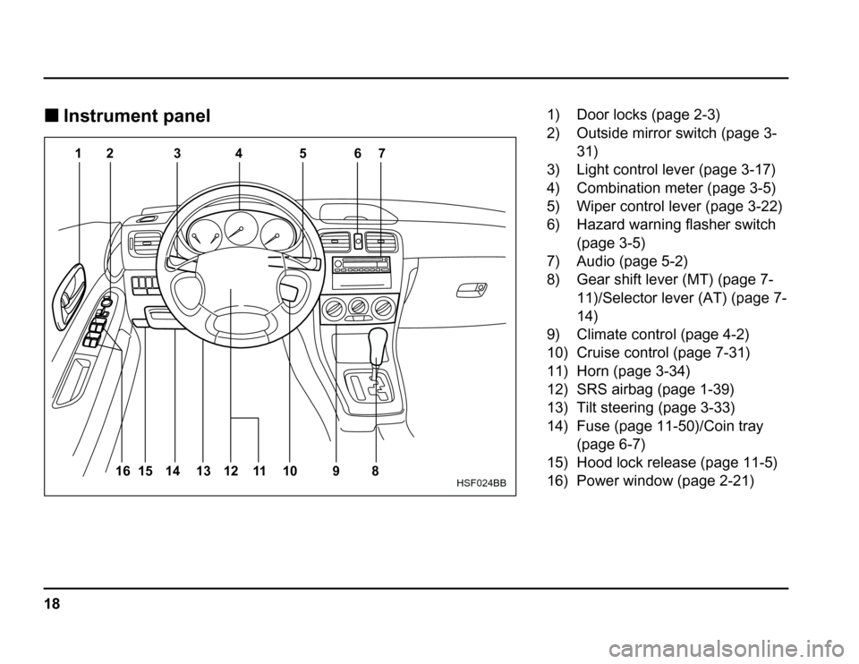 SUBARU FORESTER 2003 SG / 2.G Owners Manual 18
�
Instrument panel
12 3 4 5 67
8
9
10
11
12
14
15
16 13
HSF024BB
1) Door locks (page 2-3) 
2) Outside mirror switch (page 3-
31)
3) Light control lever (page 3-17) 
4) Combination meter (page 3-5) 