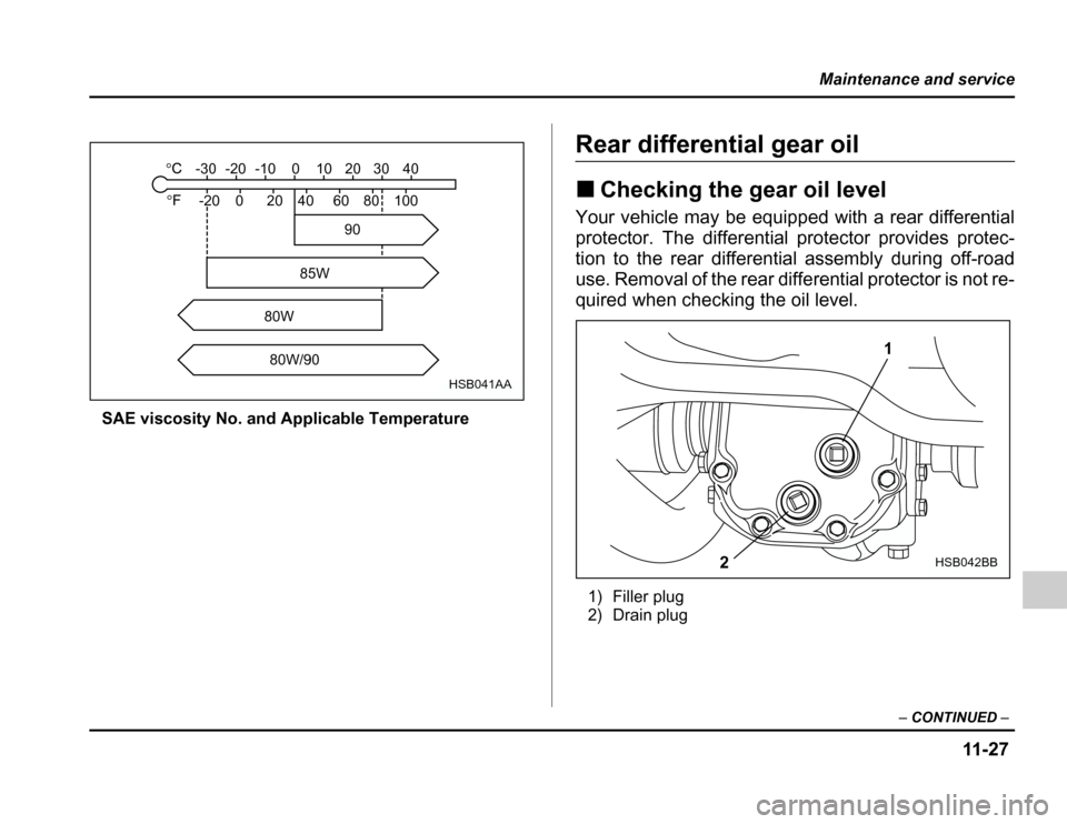 SUBARU FORESTER 2003 SG / 2.G Owners Manual 11 -2 7
Maintenance and service
–CONTINUED –
SAE viscosity No. and Applicable Temperature
Rear differential gear oil �Checking the gear oil level
Your vehicle may be equipped with a rear different